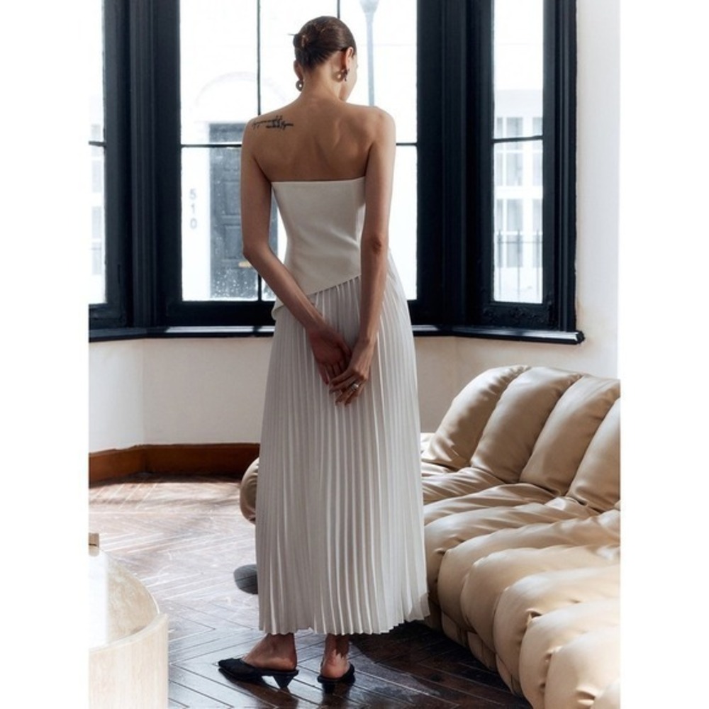Commense White Strapless Pleated Maxi Dress with Slit - Elegant Party Cocktail - Picture 3 of 12